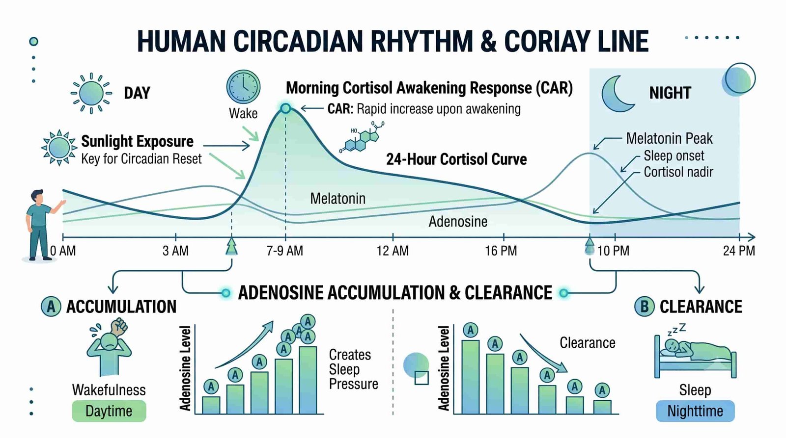 The 'Sunlight Anchor' Ritual to Finally Wake Up 8 Circadian rhythm and cortisol awakening response diagram: 24-hour cortisol curve showing CAR spike, adenosine accumulation across the day, light exposure timing markers for morning anchor