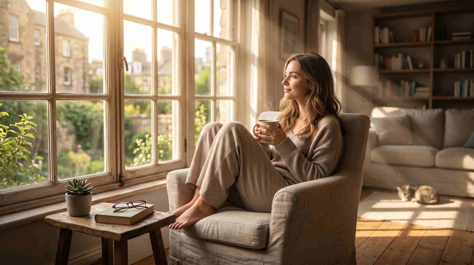 The 'Sunlight Anchor' Ritual to Finally Wake Up 9 Person sitting by a bright window with morning coffee not yet drunk, absorbing natural light first, warm morning sun rays through window, relaxed and peaceful expression before caffeine