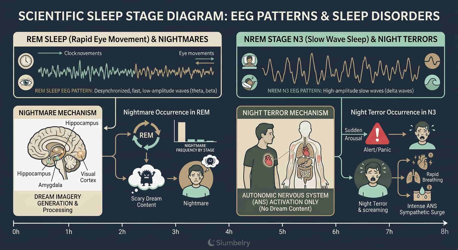 Scientific sleep stage diagram: REM sleep EEG patterns vs NREM stage N3 deep sleep EEG patterns, showing nightmare occurring in REM with dream imagery generation vs night terror in N3 with autonomic nervous system activation only, dark blue medical illustration