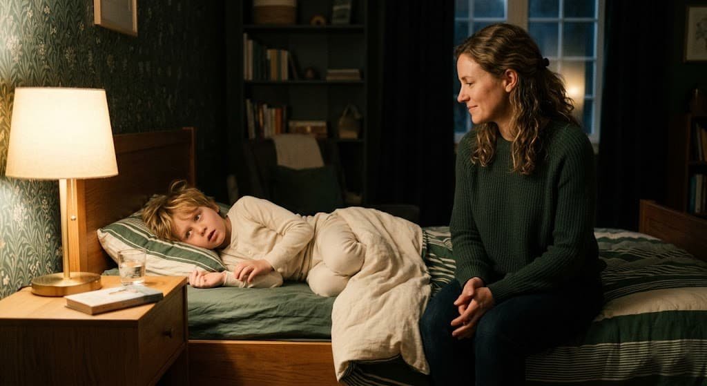 Calm parent sitting beside child's bed during night terror episode, not touching or trying to wake child, soft bedside lamp, gentle reassurance posture, realistic photography