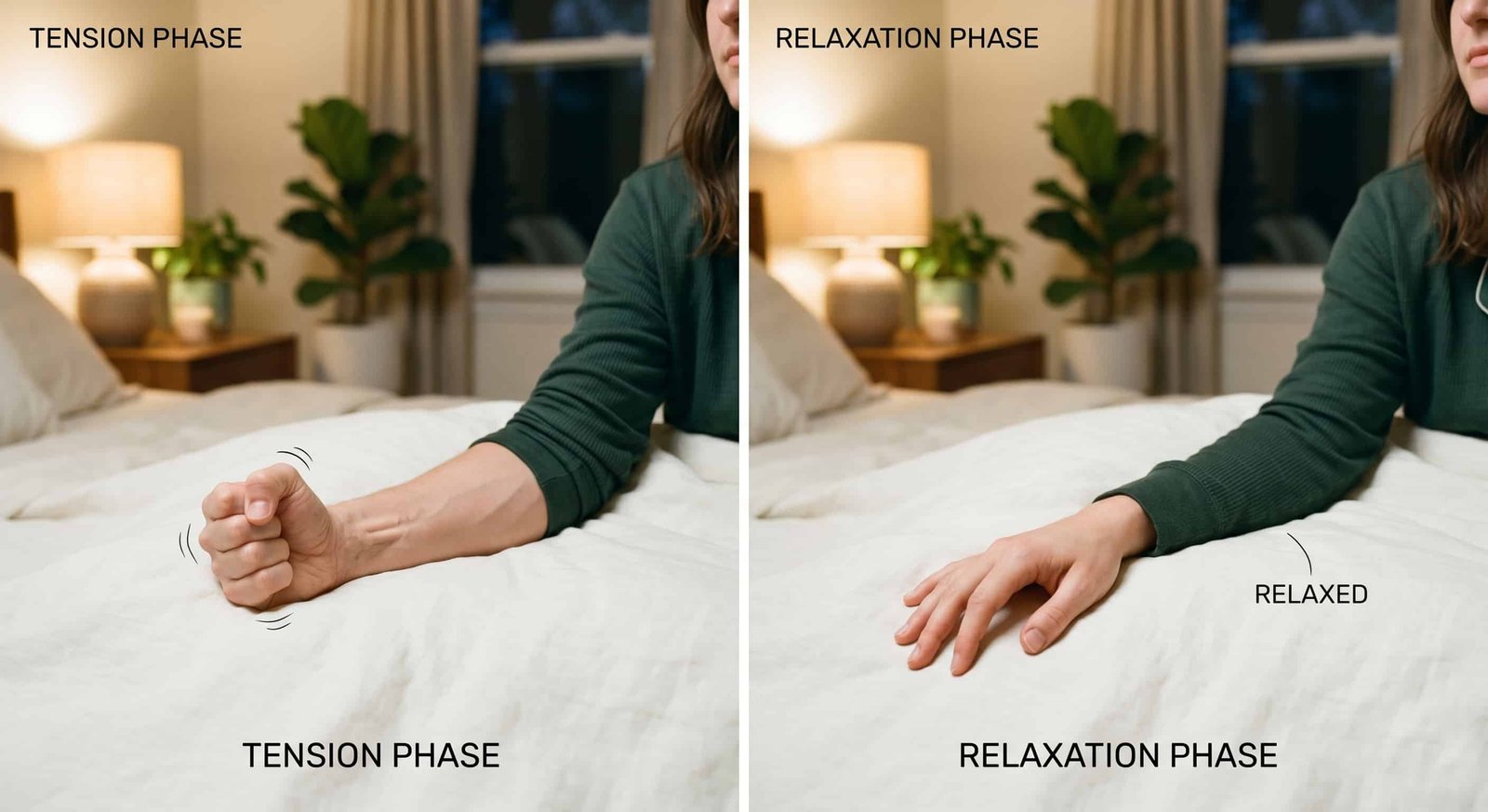 Person performing PMR on hands: 2-panel comparison showing first panel hand clenched in tight fist with tension in forearm muscles, second panel same hand open and relaxed with soft fingers, warm bedroom setting, visible contrast between tensed and released state, realistic sleep context