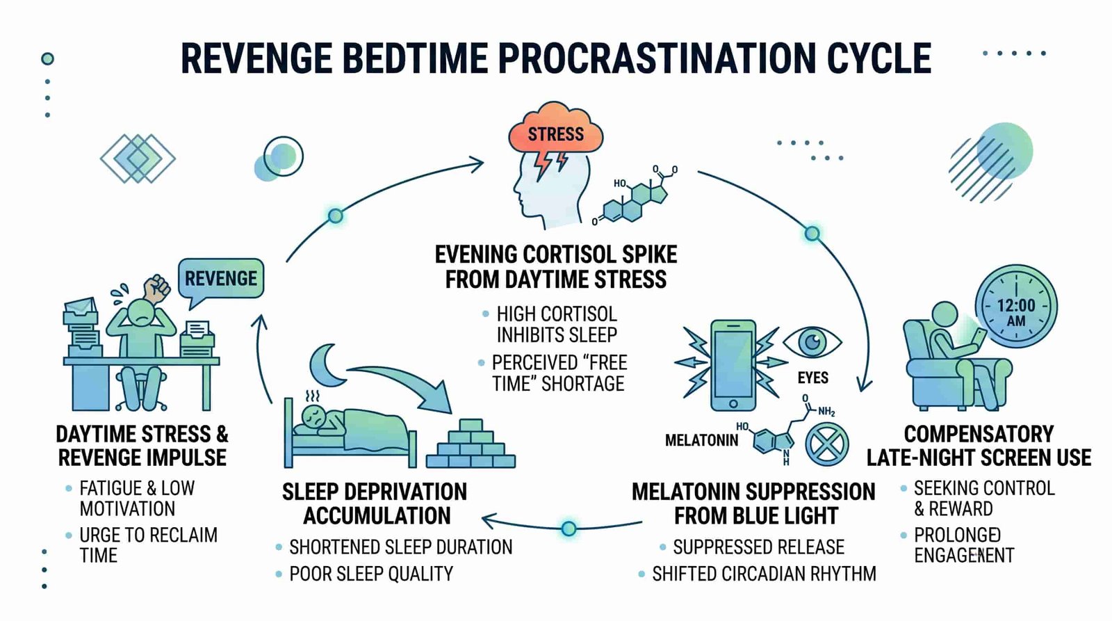 Revenge bedtime procrastination cycle diagram: evening cortisol debt accumulation, compensatory late-night screen use, melatonin suppression, sleep deprivation compounding, daytime depletion cycle