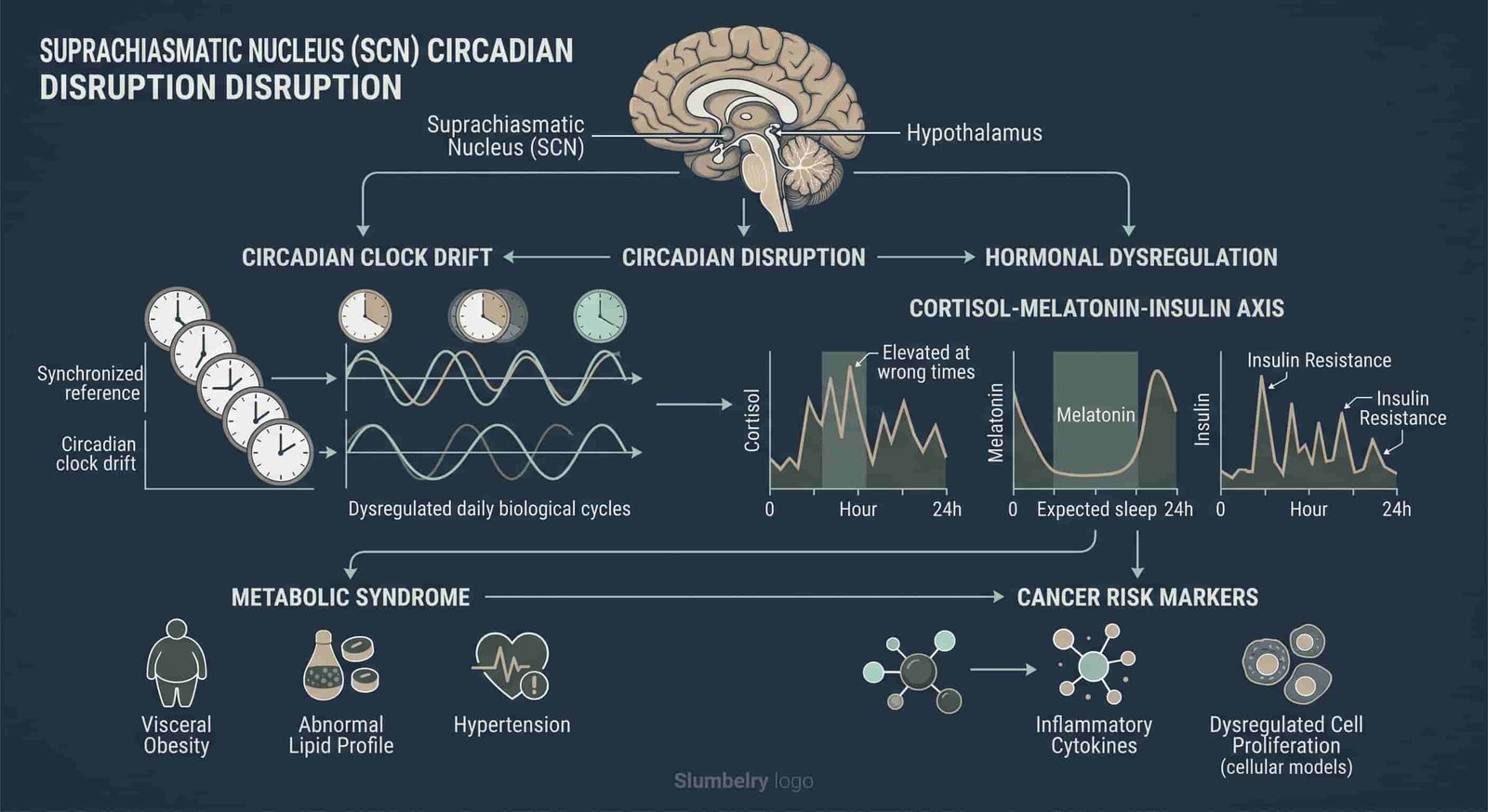 Anchoring Your Sleep in a 24/7 World 2 Scientific neuroscience diagram showing suprachiasmatic nucleus SCN circadian disruption: circadian clock drift, hormonal dysregulation, cortisol-melatonin-insulin axis, metabolic syndrome and cancer risk markers, dark blue medical illustration
