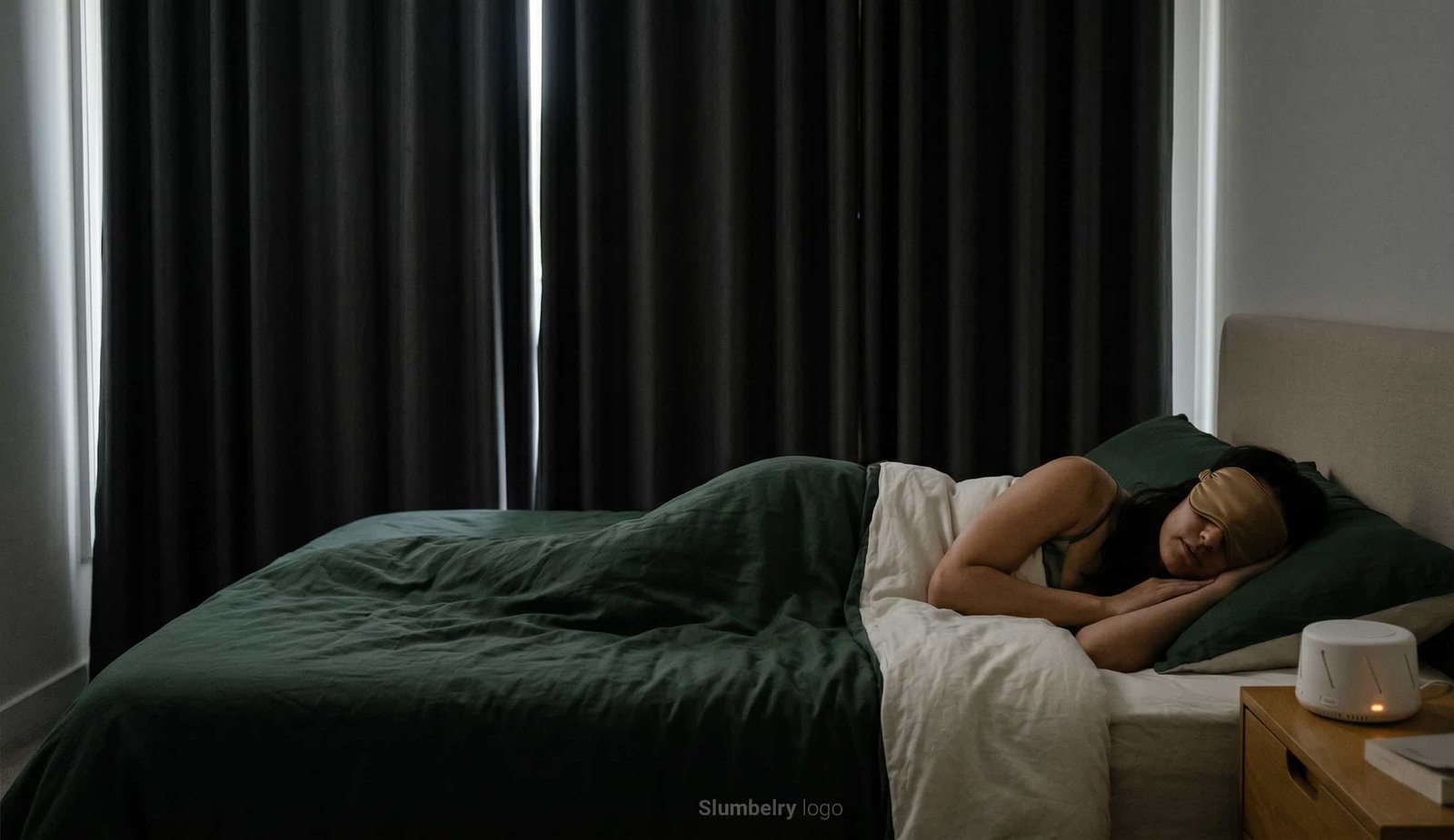 Anchoring Your Sleep in a 24/7 World 3 Shift worker sleeping during daytime with eye mask, heavy blackout curtains on windows, white noise machine, comfortable bedding, peaceful daylight blocked out, realistic home photography