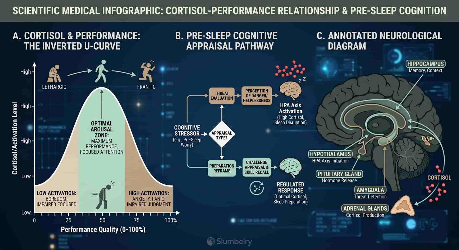 Scientific medical infographic showing cortisol-performance curve: inverted U-shape with optimal arousal zone in center, labeled x-axis Performance Quality 0-100%, y-axis Cortisol/Activation Level, pre-sleep cognitive appraisal pathway diagram showing threat evaluation vs preparation reframe, annotated neurological diagram