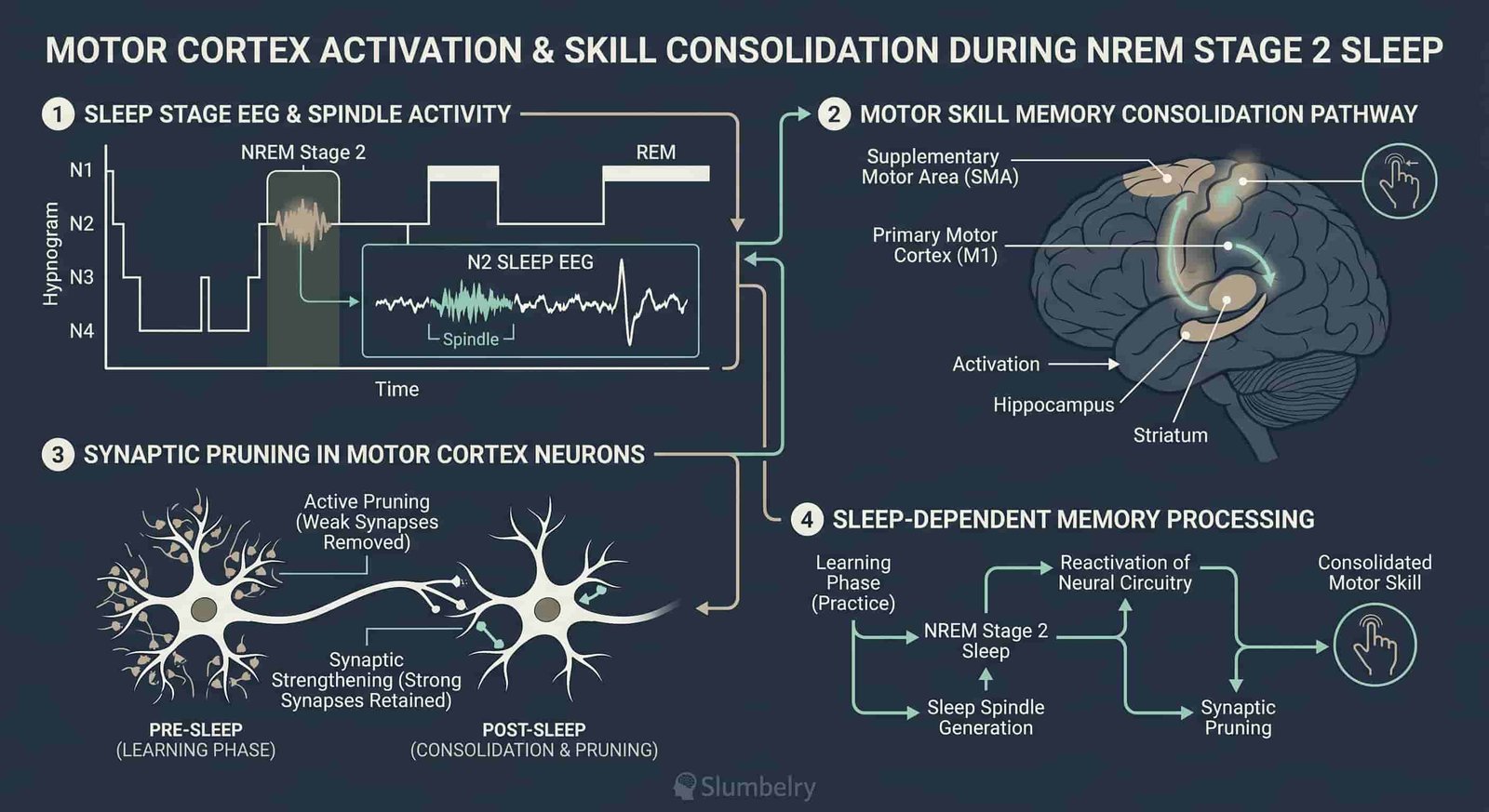 Sleep as the Ultimate Competitive Advantage 2 Scientific neuroscience diagram showing motor cortex activation during NREM Stage 2 sleep: motor skill memory consolidation, synaptic pruning in motor neurons, EEG spindle activity during sleep-dependent memory processing, dark blue medical illustration