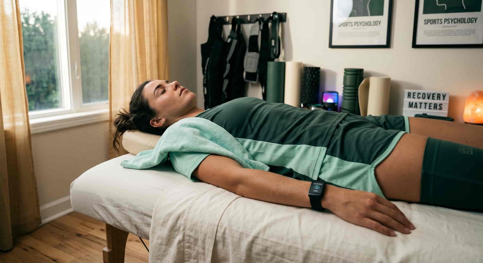 Sleep as the Ultimate Competitive Advantage 3 Professional athlete recovering on massage table with ice towel, sleep tracking device on wrist, post-training recovery room, peaceful lighting, realistic sports recovery photography