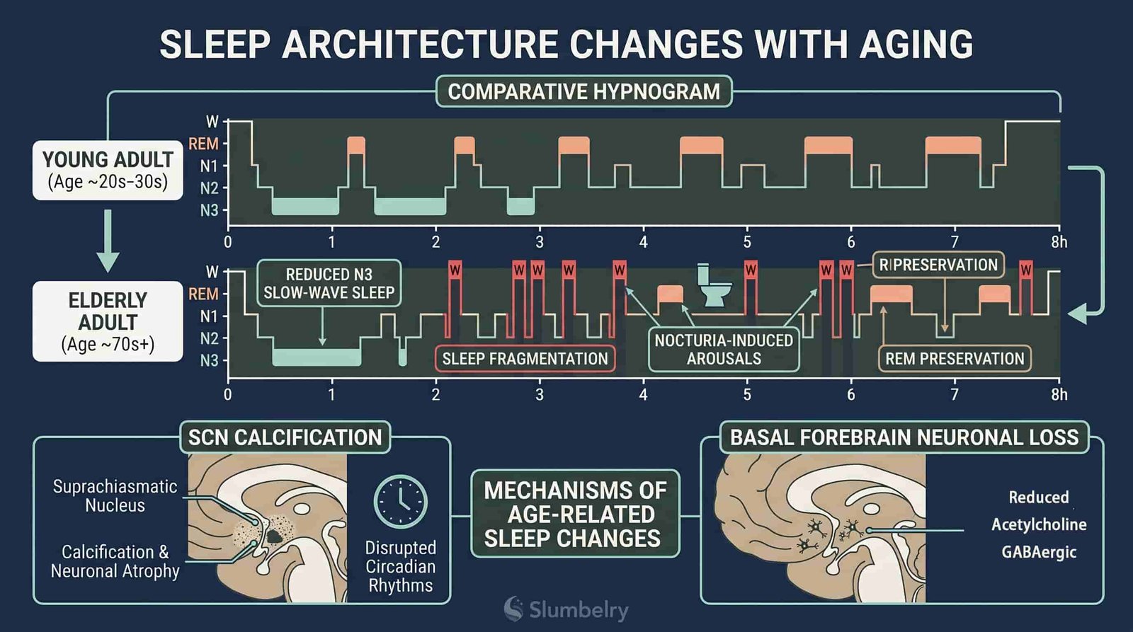Aging Doesn't Mean Less Sleep 2 Scientific medical diagram showing sleep architecture changes with aging: N3 slow-wave sleep reduction, sleep fragmentation, nocturia-induced arousals, REM preservation, SCN calcification, basal forebrain neuronal loss, comparative hypnogram young vs elderly, dark blue medical illustration