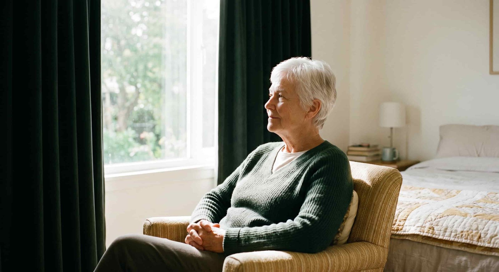 Aging Doesn't Mean Less Sleep 3 Older adult sitting by bright window in morning light therapy session, comfortable bedroom with blackout curtains pulled partially aside, natural daylight, peaceful and healthy aging atmosphere, realistic photography