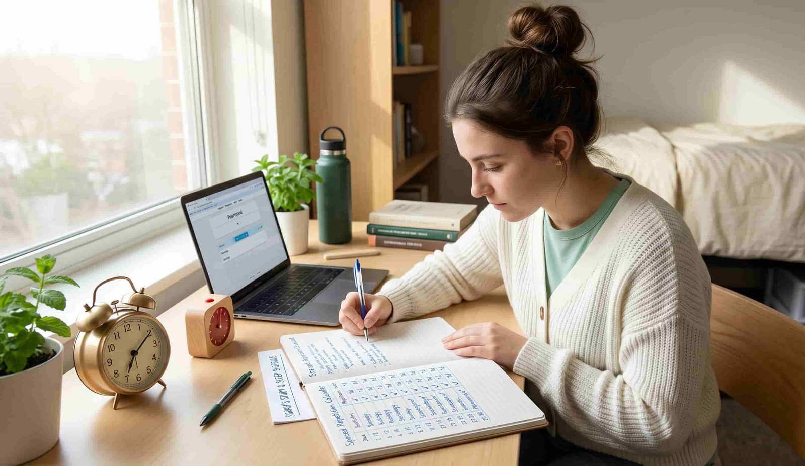 University student studying with visible study-sleep schedule: notebook showing spaced repetition calendar beside pillow with alarm clock, laptop showing online flashcards, 8-hour sleep target, organized study desk with Pomodoro timer, bright focused morning review session