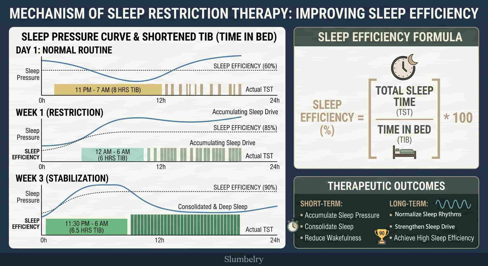Why Less Time in Bed Means Better Sleep 2 Scientific infographic showing sleep restriction therapy mechanism with sleep pressure curve and sleep efficiency formula