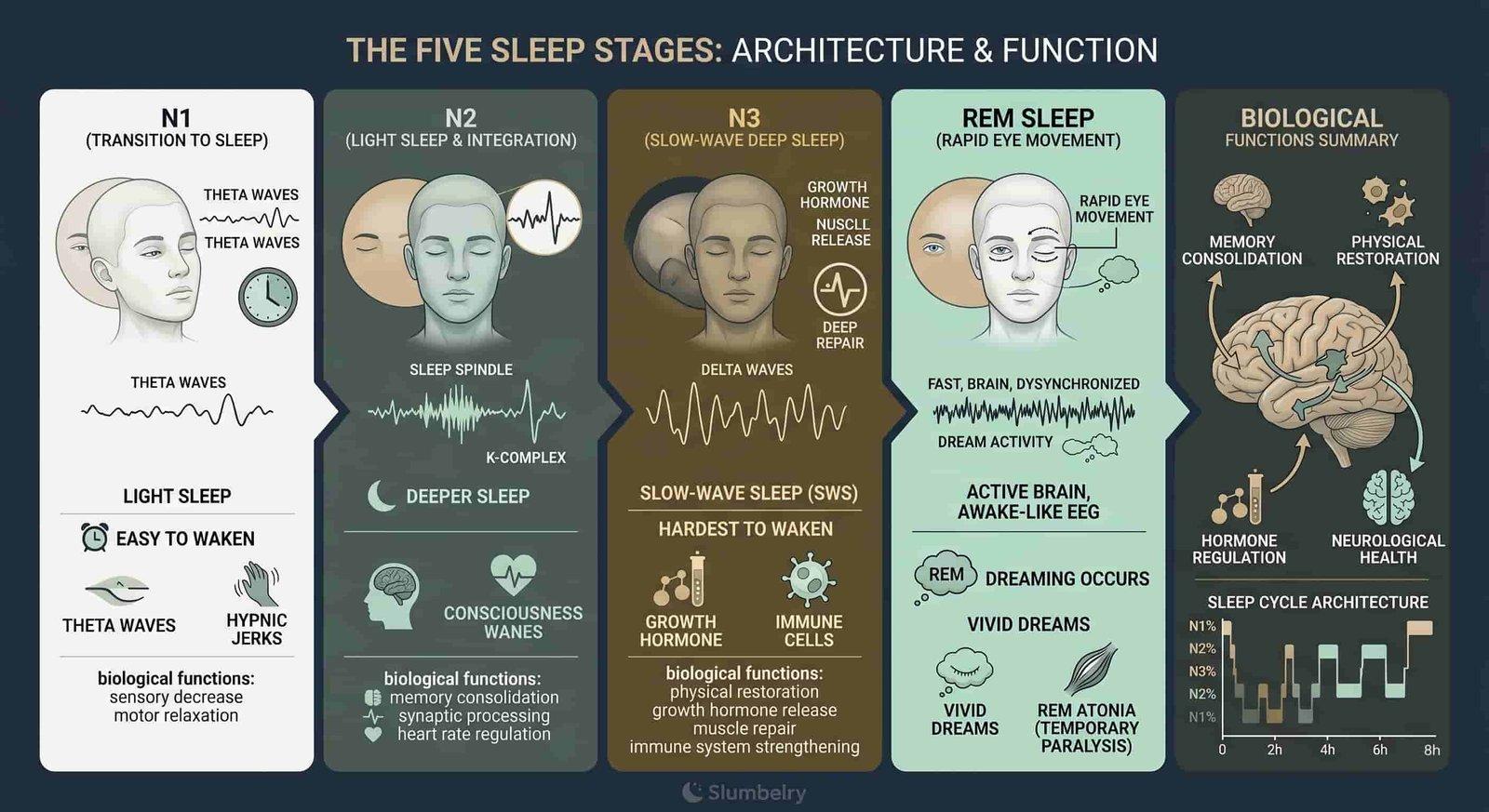 Detailed scientific infographic of all five sleep stages: N1 transition, N2 sleep spindles and K-complexes, N3 slow-wave deep sleep, REM atonia and dreaming, with biological functions labeled for each stage