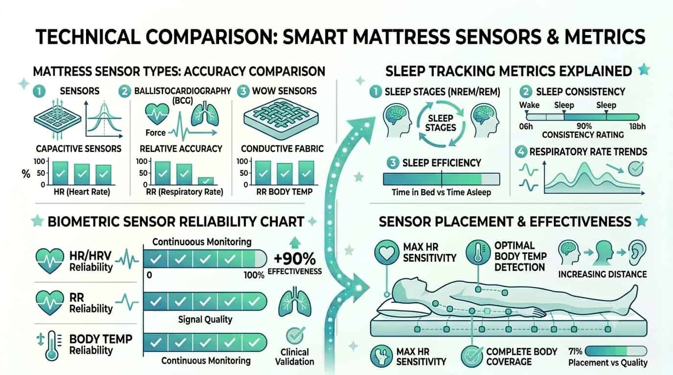 Smart sleep technology comparison chart: consumer actigraphy vs clinical polysomnography accuracy, biometric sensor reliability, sleep tracking methodology comparison
