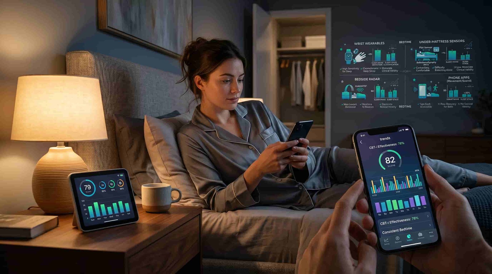 Person reviewing sleep tracker data on smartphone in bed at night, sleep scores and trends displayed, nightstand with wearable ring, warm ambient bedroom lighting