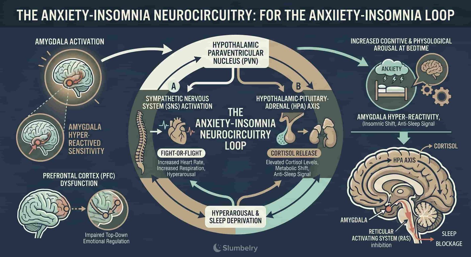 How to Break the Spiral of Sleeplessness 2 Scientific infographic showing anxiety-insomnia loop neurocircuitry with amygdala activation, cortisol response, and sympathetic nervous system feedback blocking sleep