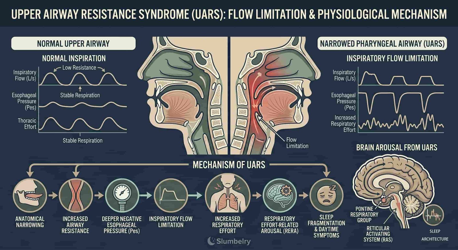 Scientific anatomical diagram showing upper airway resistance syndrome mechanism: cross-section of narrow pharyngeal airway with flow limitation, respiratory effort markers, dark blue medical illustration