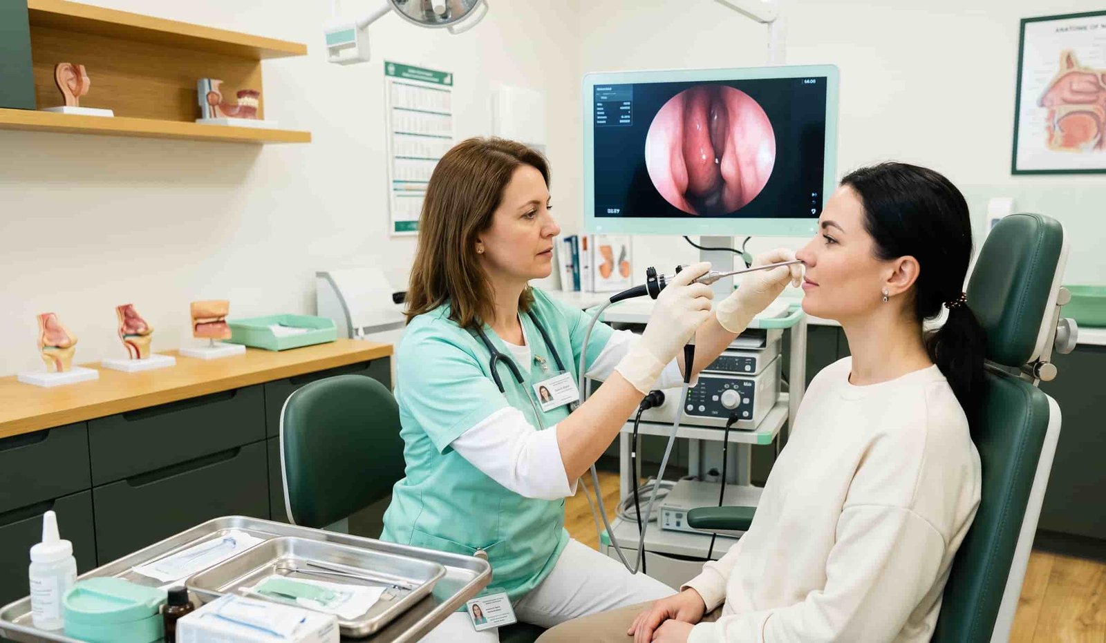Otolaryngologist performing nasal endoscopy examination on patient in clinical setting, evaluating upper airway structure for UARS diagnosis