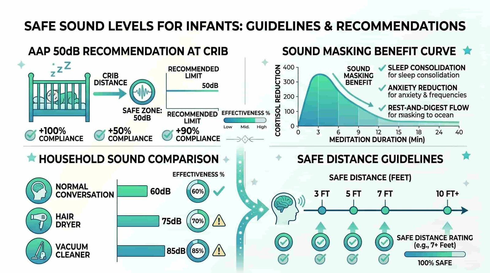 Safe decibel levels infographic for infants: AAP 50dB at 7 feet recommendation, common household sounds in dB comparison, safe distance guidelines, sound masking benefit curve