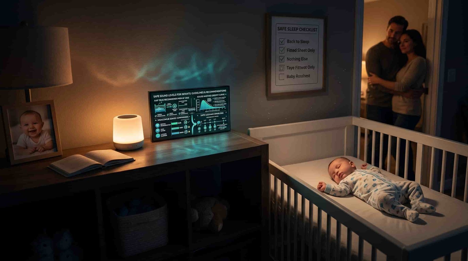 Happy baby sleeping soundly in dark nursery with white noise machine gently glowing on wooden shelf, peaceful parents watching from doorway, warm ambient lighting, safe sleep environment