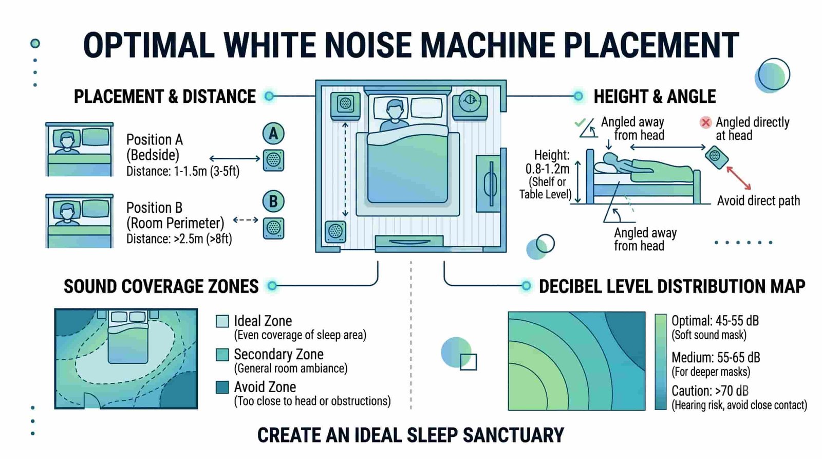 Optimal white noise machine placement diagram: bedroom distance angles 3-6 feet, height recommendations 2-3 feet, sound coverage zones, decibel level distribution map at pillow position