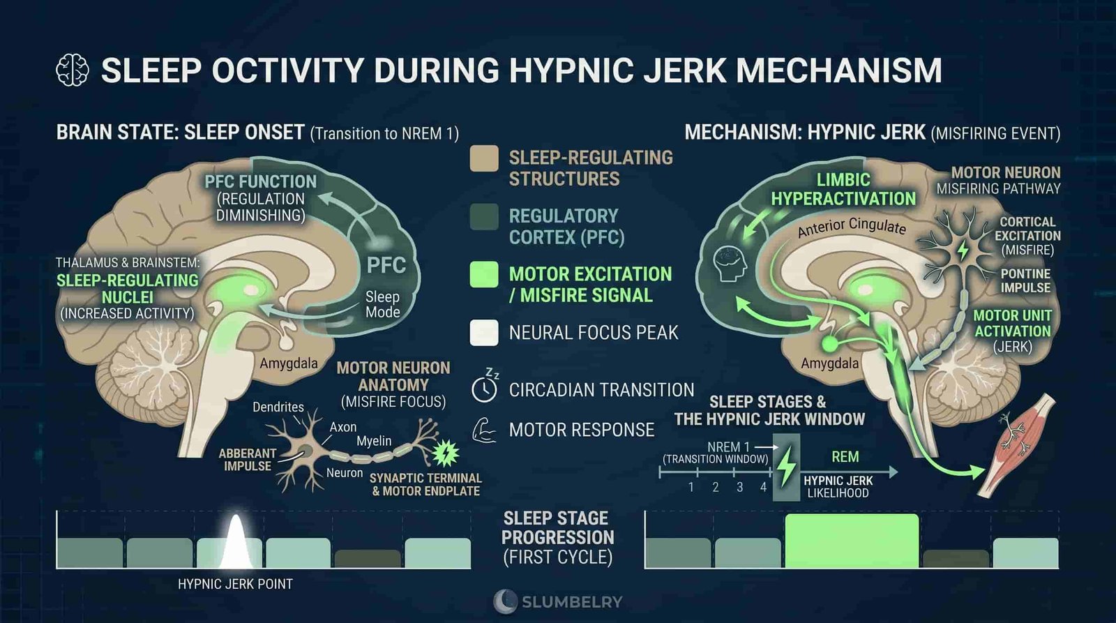 Scientific diagram showing brain activity during sleep onset, hypnic jerk mechanism, motor neuron misfiring